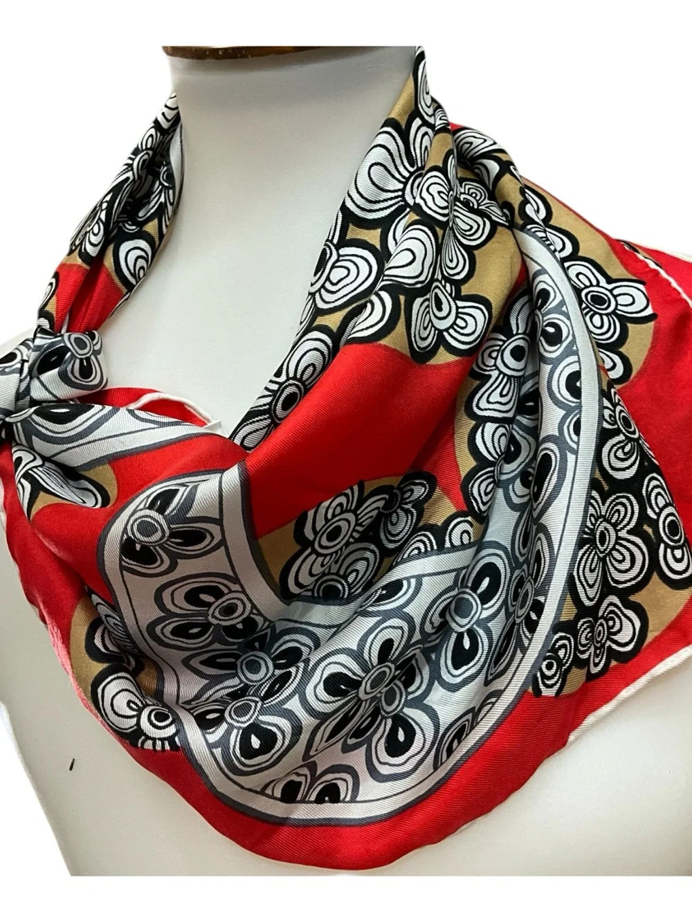 Vintage Tres-Elle 100% Silk Scarf Japan Red Mod Floral Paisley 26” Square
